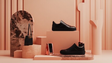 A sleek fashion display featuring black high-top shoes and designer accessories