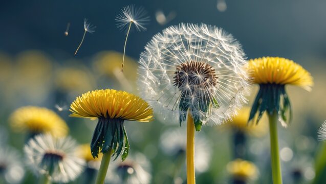close-up of dandelion flowers with one in seed stage and yellow petals surrounded by blurred field background