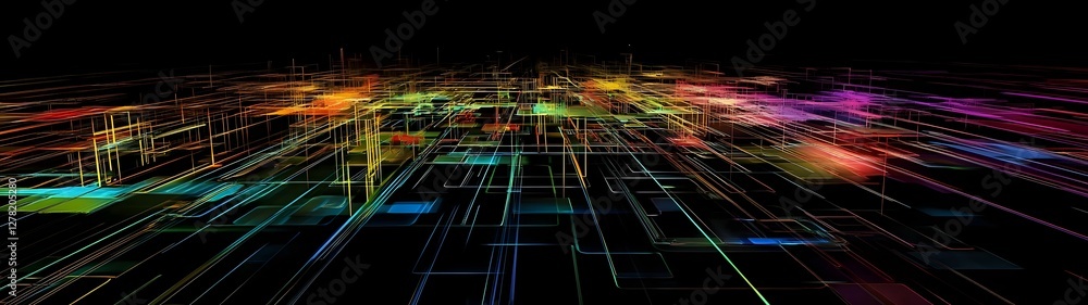 Poster Futuristic digital landscape with dynamic geometric patterns flowing lines and vibrant neon like colors creating a high tech cyberpunk inspired visual experience