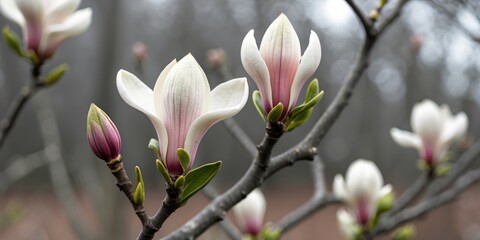 Obraz premium white and pink magnolia flowers blooming on branches with green leaves in a soft focus background