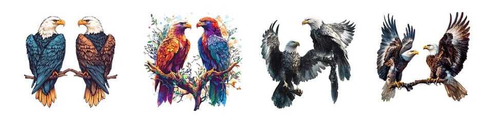 Fototapeta premium Set of two majestic eagles perched on branches with wings spread, isolated on transparent background