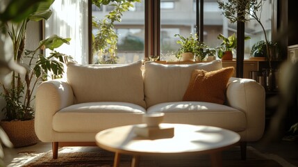 Fototapeta premium Cozy living room with natural light and indoor plants decor