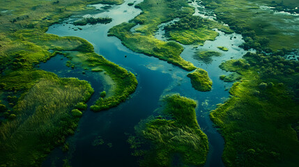 Fototapeta premium Aerial view of winding river, lush greenery surrounding the water, highlighting nature's intricate patterns in serene landscape.