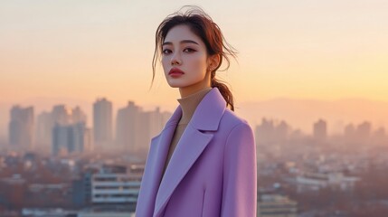 Elegant Woman in Stylish Coat Against City Sunset Background