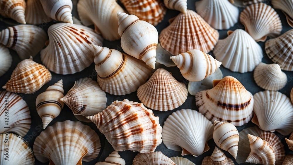 Poster assorted seashells in various shapes and patterns arranged on a flat surface displaying natural text