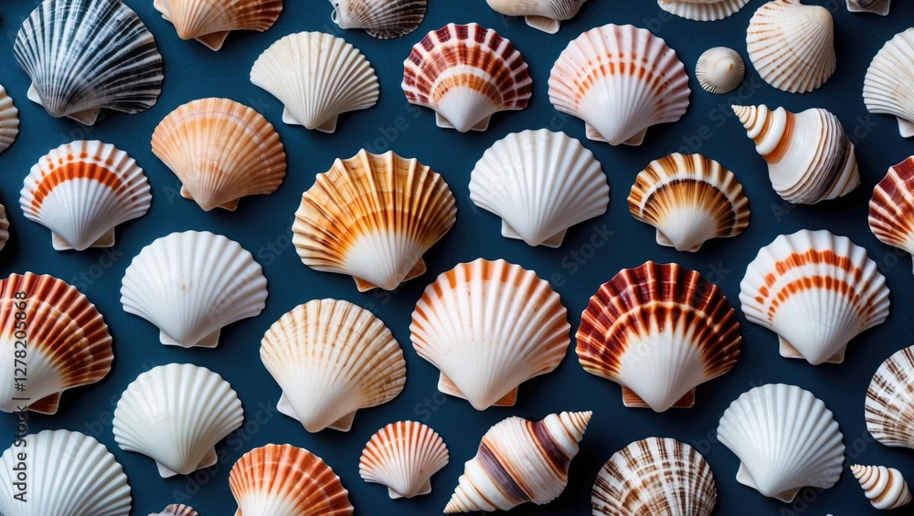 Poster colorful collection of various seashells arranged on a dark background showcasing different shapes a