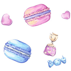 Macarons and candies in pastel blue and pink tones in a seamless watercolor pattern on a white background