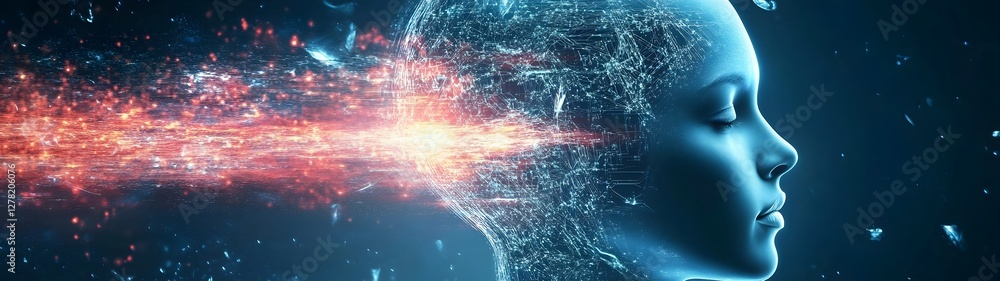 Poster futuristic digital portrait of a human face with glowing particles light explosion and data visualiz