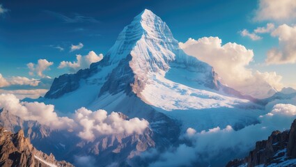 Snow-capped mountain peak surrounded by clouds against a clear blue sky in the early morning light during a stunning scenic landscape.