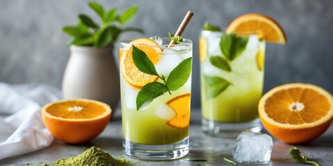 Fototapeta premium Refreshing citrus cocktails with mint and orange garnishes surrounded by fresh oranges and matcha powder.