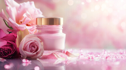 Face care cream in a transparent jar with a gold lid on a background of pink roses