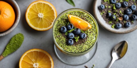 Green smoothie bowl topped with blueberries and orange slice surrounded by fresh oranges and chia seeds on a gray background.