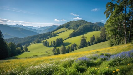 Scenic landscape of rolling green hills with vibrant wildflowers under a clear blue sky and distant mountains in the background.