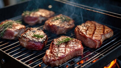 Grilled steaks on a barbecue with smoke and fresh rosemary garnishing on a sunny outdoor setting