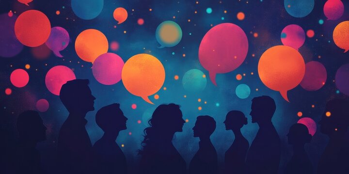 Silhouetted figures communicating amidst vibrant speech bubbles against a cosmic background