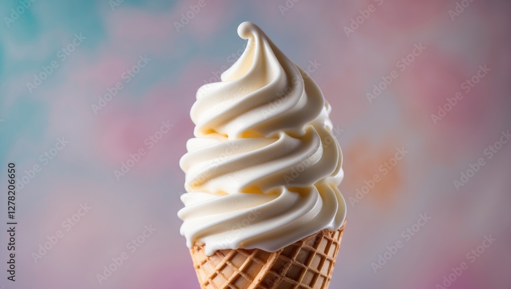 Poster soft serve ice cream cone with creamy texture against a colorful blurred background in a studio sett