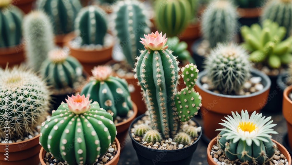 Poster variety of cacti in pots with blooms displayed in a greenhouse setting with blurred background and f
