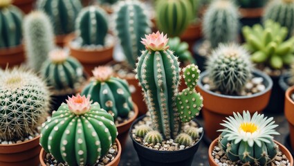 variety of cacti in pots with blooms displayed in a greenhouse setting with blurred background and focus on foreground plants
