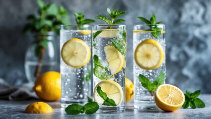 Fototapeta premium Refreshing lemon water with mint leaves in tall glasses on a gray background with whole and sliced lemons.
