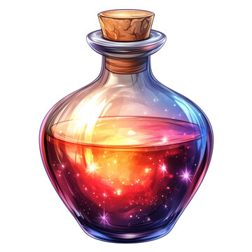 Magic potion bottle with a wooden stopper, cartoon illustration, isolated