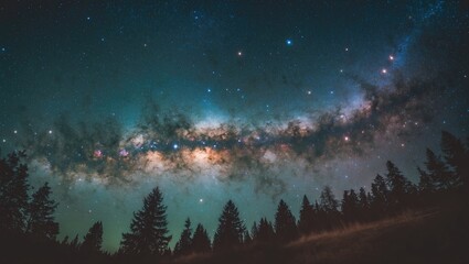 Naklejka premium Milky Way galaxy panorama above dark forest silhouette under starry night sky with vibrant cosmic colors and cloud formations