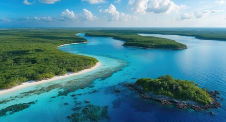 Obraz premium Aerial view of tropical coastline with lush greenery sandy beaches and clear turquoise waters under blue sky with fluffy clouds