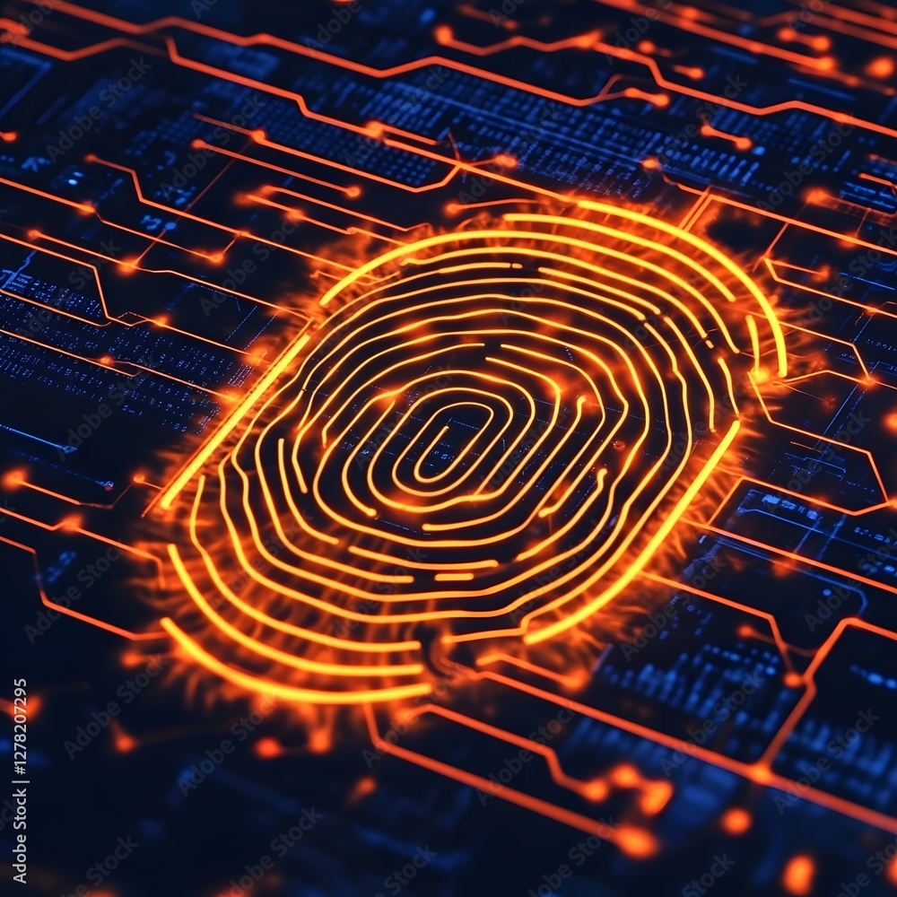 Poster Futuristic fingerprint identification technology with circuit board patterns
