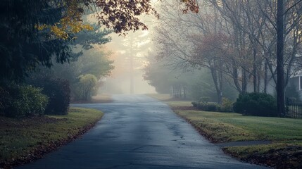Serene Foggy Street Surrounded by Trees and Colorful Foliage