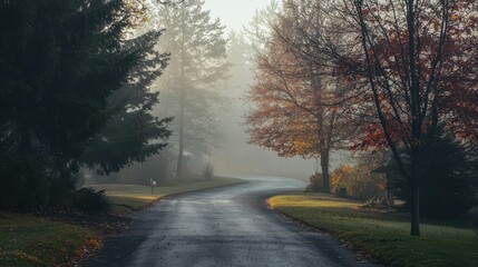 Fototapeta premium Misty Autumn Morning on Serene Curved Road Surrounded by Trees