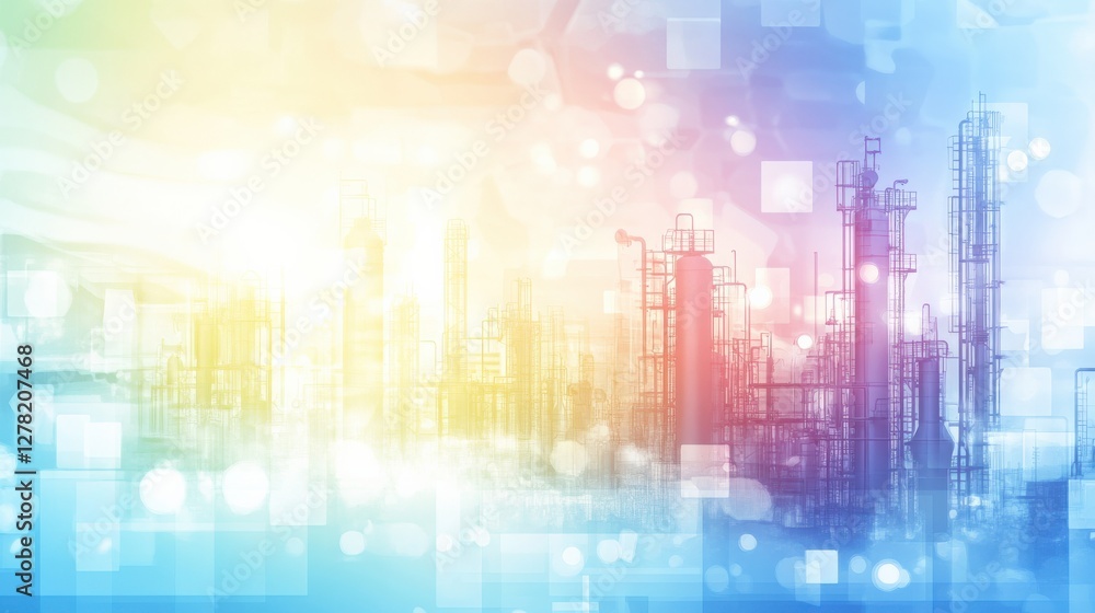 Poster industrial skyline with colorful gradient background showcasing factories and structures