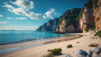 Fototapeta premium Serene Deserted Beach In A Sunny Bay Surrounded By Cliffs And Clear Water Ideal For Relaxation And Reflection