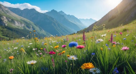 Fototapeta premium Stunning Wildflower Meadow in Mountain Landscape Under Clear Blue Sky