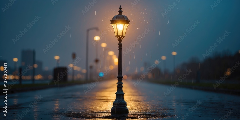Poster elegant streetlamp illumination on a rainy night with serene atmosphere and ample negative space for