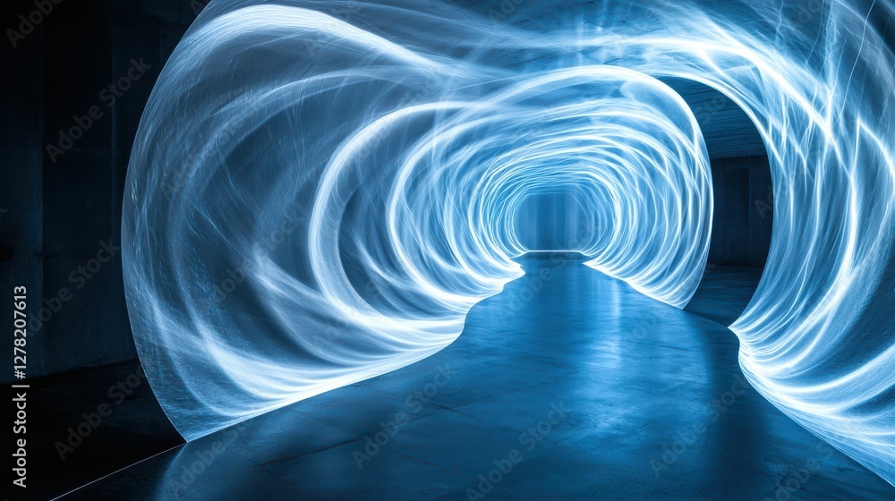 Poster light trails creating a mystical tunnel in a dimly lit space