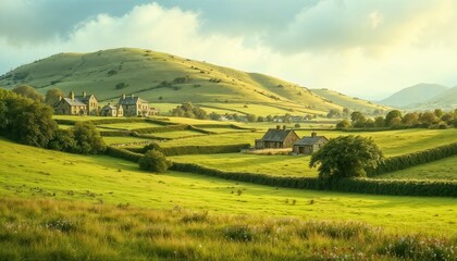 Traditional Irish stone walls winding through green hills with golden sunlight casting long shadows, photorealistic digital watercolor