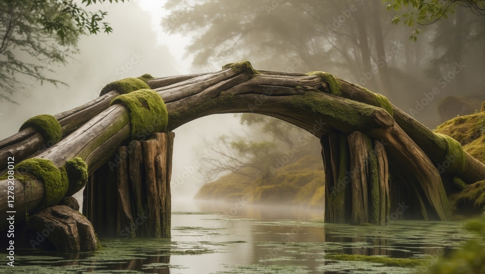 Poster rustic tree trunk bridge over tranquil water surrounded by misty forest natural aesthetics with spac