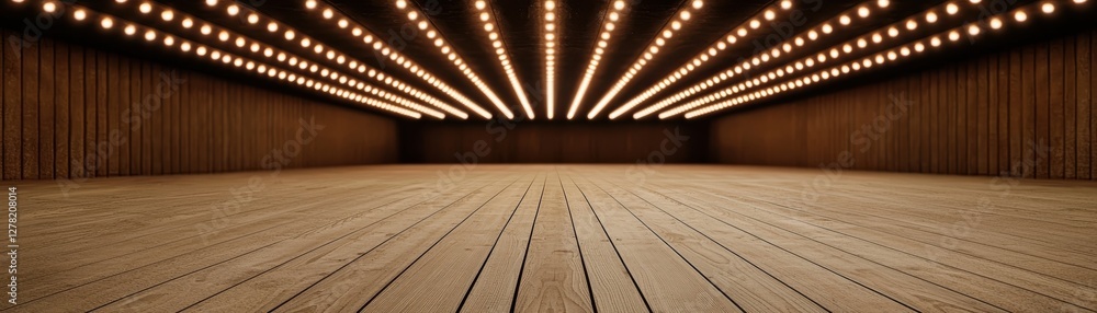 Poster spacious empty indoor venue with wooden floor and bright ceiling lights creating an inviting atmosph