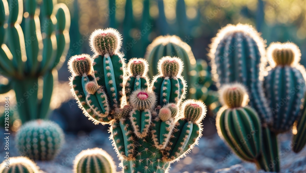 Poster vibrant group of cacti displaying unique shapes and textures in a sunlit desert environment with spa