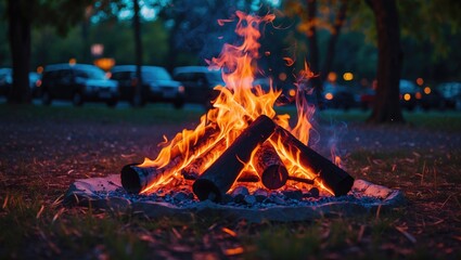 Vibrant Campfire In A Park At Dusk Surrounded By Grass And Trees With Space For Text Overlay