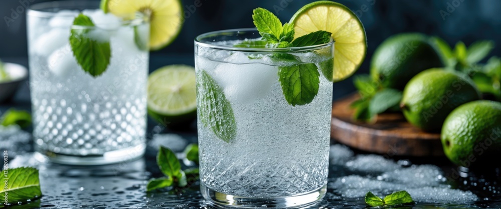 Poster refreshingly frosty sparkling water with lime and mint garnish surrounded by fresh limes and ice cub