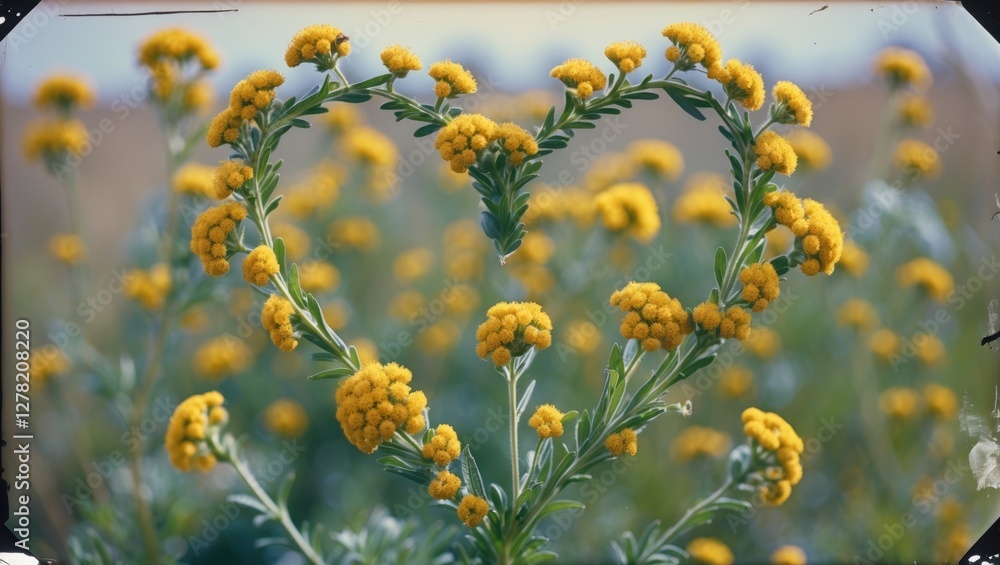 Poster close-up of golden ragwort flowers creatively arranged in a heart shape with soft blurred background