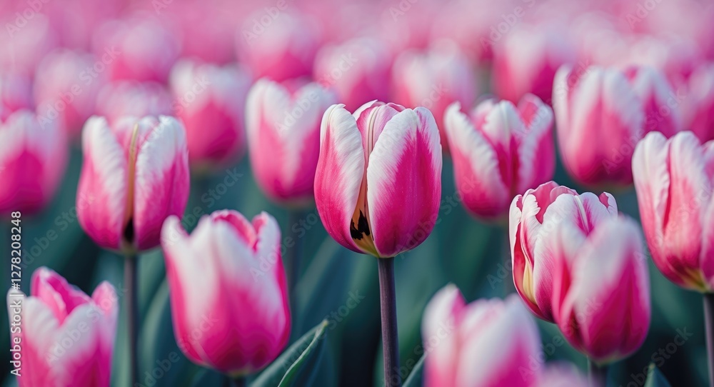 Poster vibrant pink tulip petals in soft focus creating a serene floral atmosphere with space for textual o