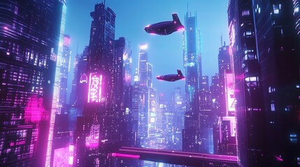 cyperpunk High-Tech Urban Future with Flying Cars and Skyscrapers