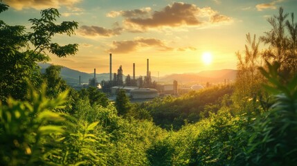 Sunset Over Industrial Plant Surrounded by Lush Green Nature