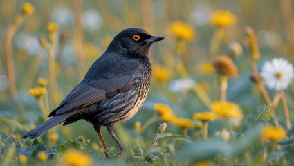 Blackbird in Meadow Surrounded by Flowers with Alert Expression and Bright Orange Eyes Captured in Soft Natural Light