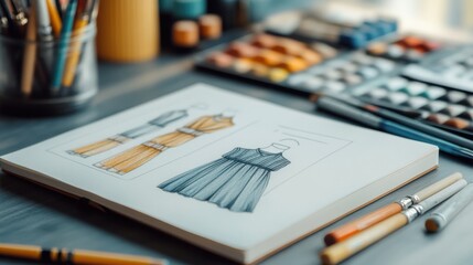 Fototapeta premium Fashion Design Workspace with Sketchbook and Art Supplies