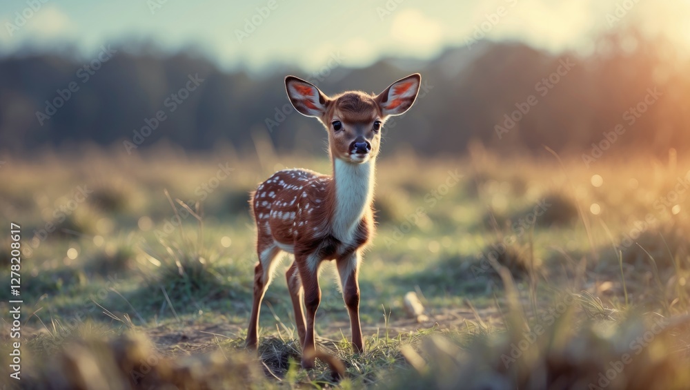 Poster curious fawn standing in sunlit clearing with soft focus background and copy space for text overlay