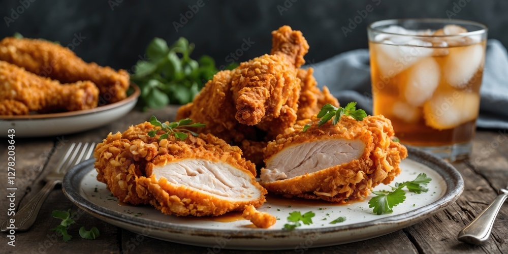 Poster crispy fried chicken plate with iced tea refreshment and empty space for text on rustic wooden table