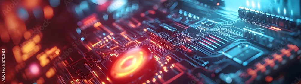 Poster Futuristic Microchip Circuit Board with Glowing Technology Background  High tech digital engineering electronics and computer hardware concept  Abstract technology graphic design digital art