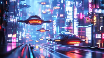 cyperpunk High-Tech Urban Future with Flying Cars and Skyscrapers